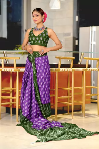 ready made purple cotton saree with block print blouse
