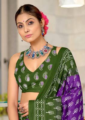 ready made purple cotton saree with block print blouse 4