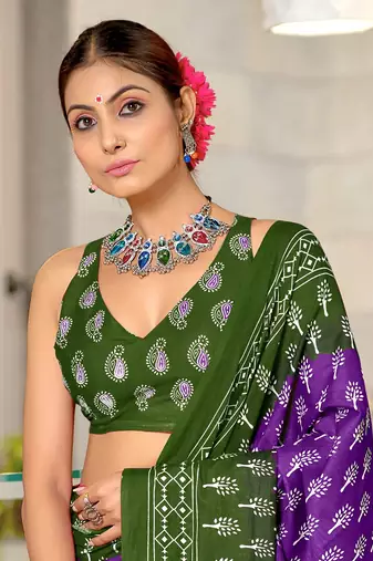 ready made purple cotton saree with block print blouse