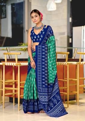 pre-stitched teal cotton saree with block print blouse 1