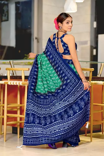 pre-stitched teal cotton saree with block print blouse