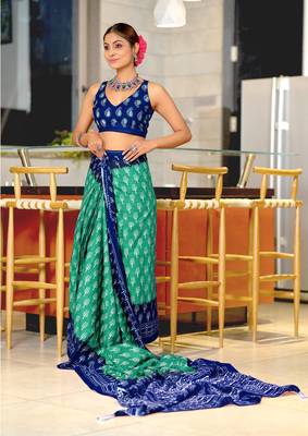 pre-stitched teal cotton saree with block print blouse 3