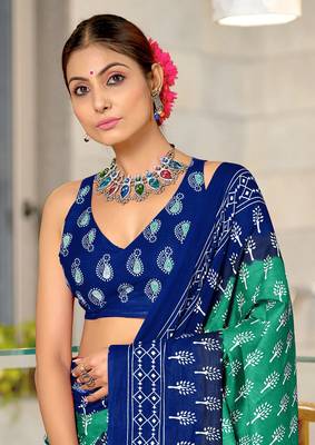 pre-stitched teal cotton saree with block print blouse 4