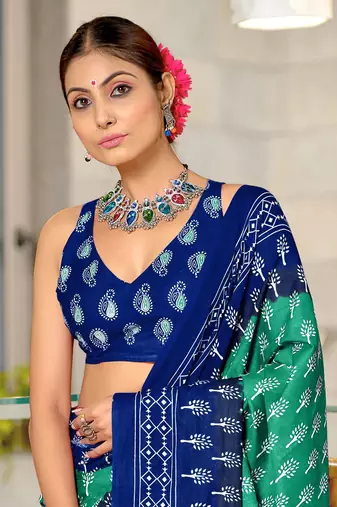 pre-stitched teal cotton saree with block print blouse