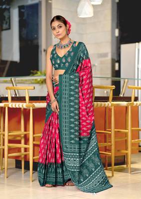ready to wear pink cotton saree with block print blouse 1