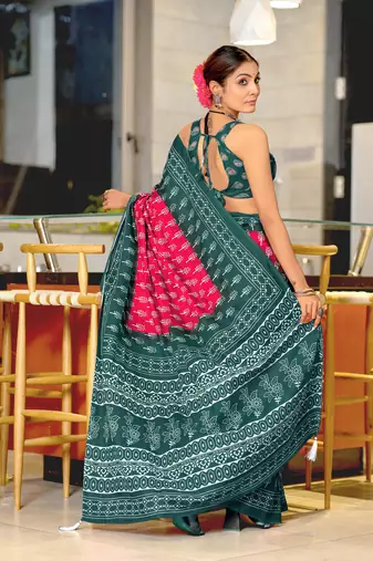 ready to wear pink cotton saree with block print blouse