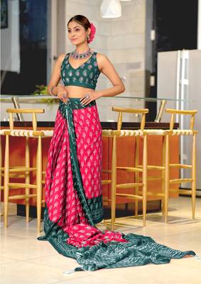 ready to wear pink cotton saree with block print blouse 3