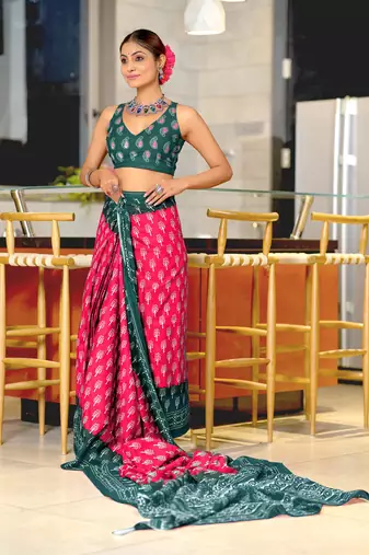 ready to wear pink cotton saree with block print blouse