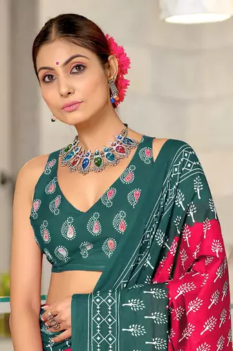 ready to wear pink cotton saree with block print blouse