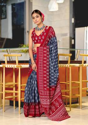 pre draped grey cotton saree with block print blouse 1