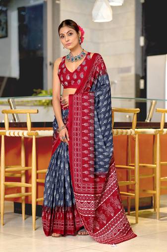 Grey cotton pre stitched saree with block print blouse