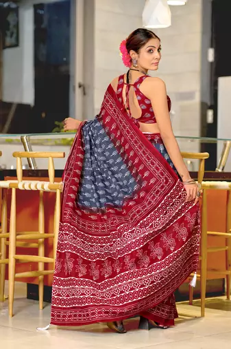 pre draped grey cotton saree with block print blouse