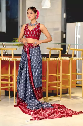 pre draped grey cotton saree with block print blouse