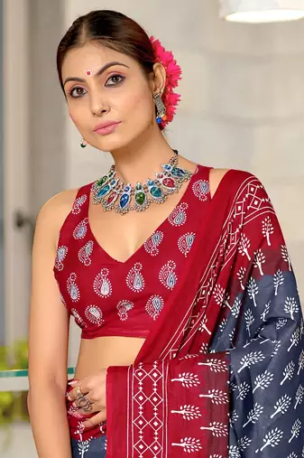 pre draped grey cotton saree with block print blouse
