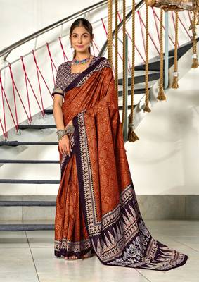 ready made red cotton saree with block print blouse 1