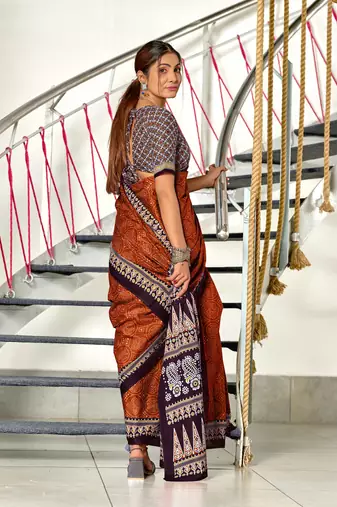 ready made red cotton saree with block print blouse