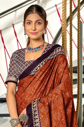 ready made red cotton saree with block print blouse