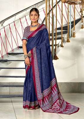 pre-stitched blue cotton saree with block print blouse 1