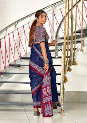 pre-stitched blue cotton saree with block print blouse 2
