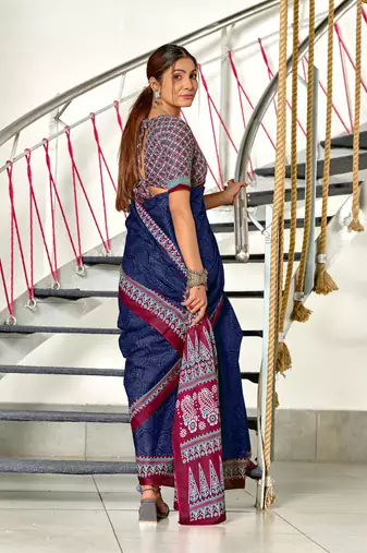 pre-stitched blue cotton saree with block print blouse