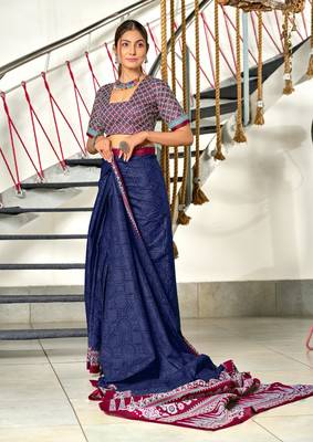 pre-stitched blue cotton saree with block print blouse 3