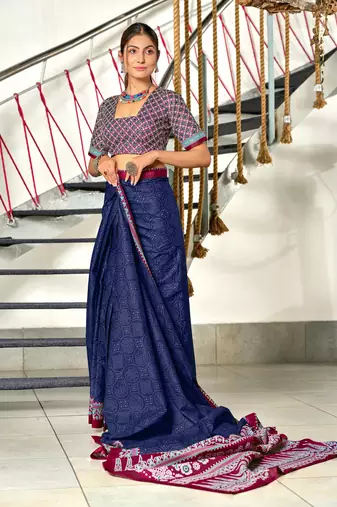 pre-stitched blue cotton saree with block print blouse