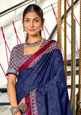 pre-stitched blue cotton saree with block print blouse 4