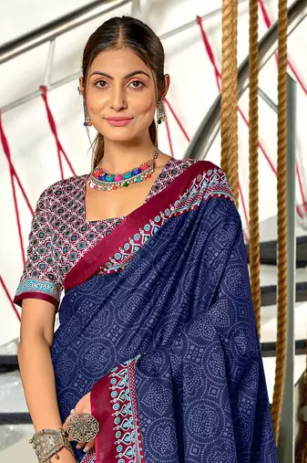 pre-stitched blue cotton saree with block print blouse