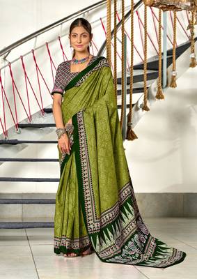 Green cotton pre stitched saree with block print blouse 1