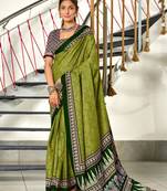 Green cotton pre stitched saree with block print blouse