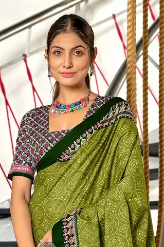 Green cotton pre stitched saree with block print blouse