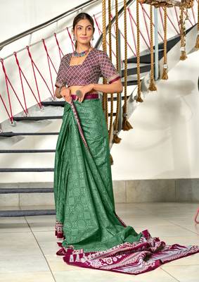 ready to wear teal cotton saree with block print blouse 3