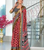 ready to wear red cotton block printed saree with contrast blouse piece