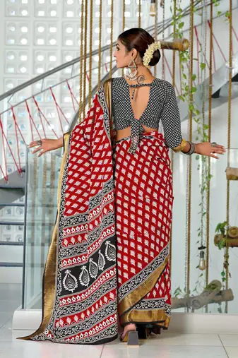 pre draped red cotton block printed saree with contrast blouse piece