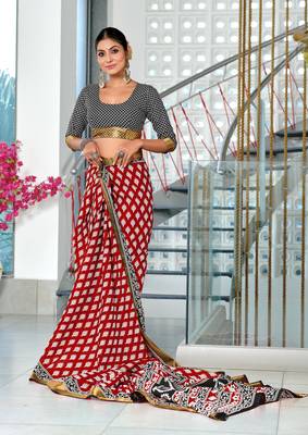 pre draped red cotton block printed saree with contrast blouse piece 3