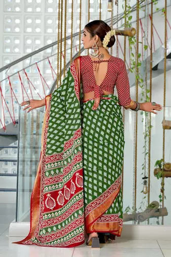 ready made green cotton block printed saree with contrast blouse piece