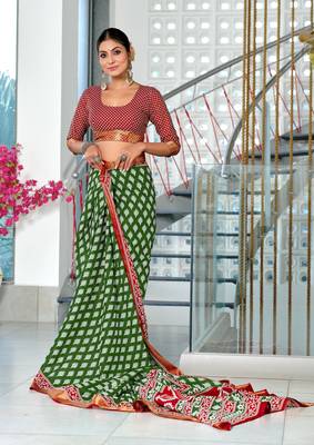 ready made green cotton block printed saree with contrast blouse piece 3