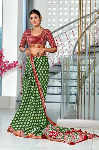 ready made green cotton block printed saree with contrast blouse piece