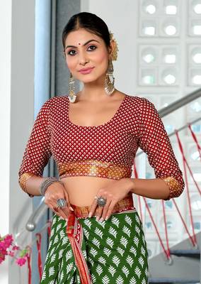 ready made green cotton block printed saree with contrast blouse piece 4