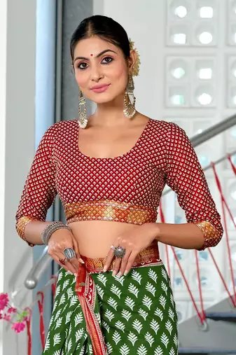 ready made green cotton block printed saree with contrast blouse piece