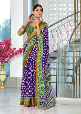 pre-stitched purple cotton block printed saree with contrast blouse piece 1