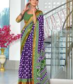 ready to wear purple cotton block printed saree with contrast blouse piece