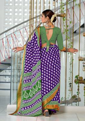 pre-stitched purple cotton block printed saree with contrast blouse piece 2
