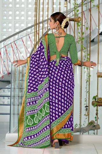 pre-stitched purple cotton block printed saree with contrast blouse piece
