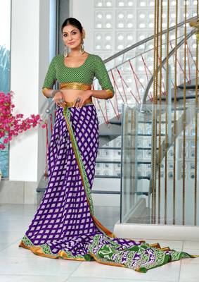 pre-stitched purple cotton block printed saree with contrast blouse piece 3