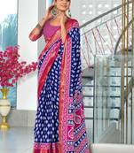 ready to wear blue cotton block printed saree with contrast blouse piece