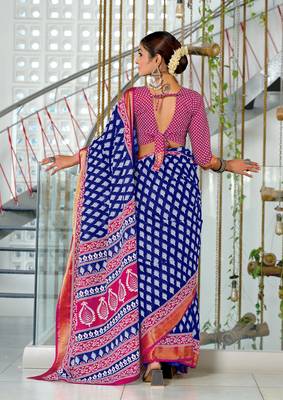 ready to wear blue cotton block printed saree with contrast blouse piece 2