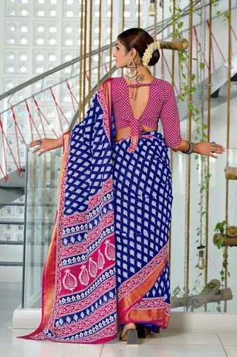 ready to wear blue cotton block printed saree with contrast blouse piece