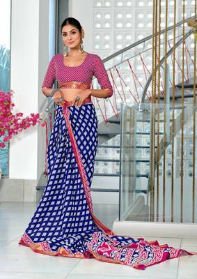 ready to wear blue cotton block printed saree with contrast blouse piece 3