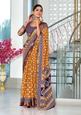 pre draped orange cotton block printed saree with contrast blouse piece 1